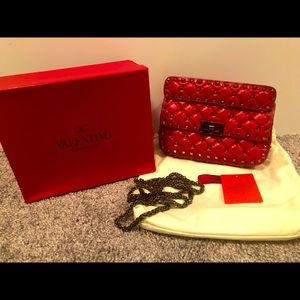 Valentino Small Rockstud Spike Bag in Crinkled Red